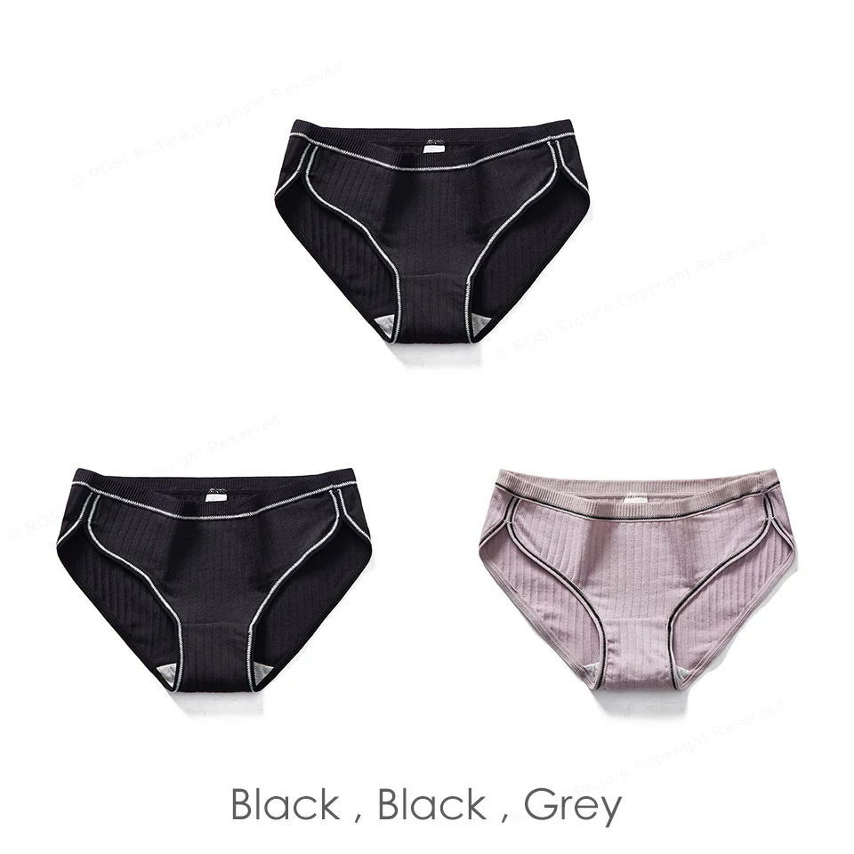 Black Black Grey 50S Combed Cotton Women's Pants Vintage Briefs Panties Solid Large Size Underwear Lingerie For Feamle Underpants Ladies 3pcsROSI - Цвет: Black Black Grey
