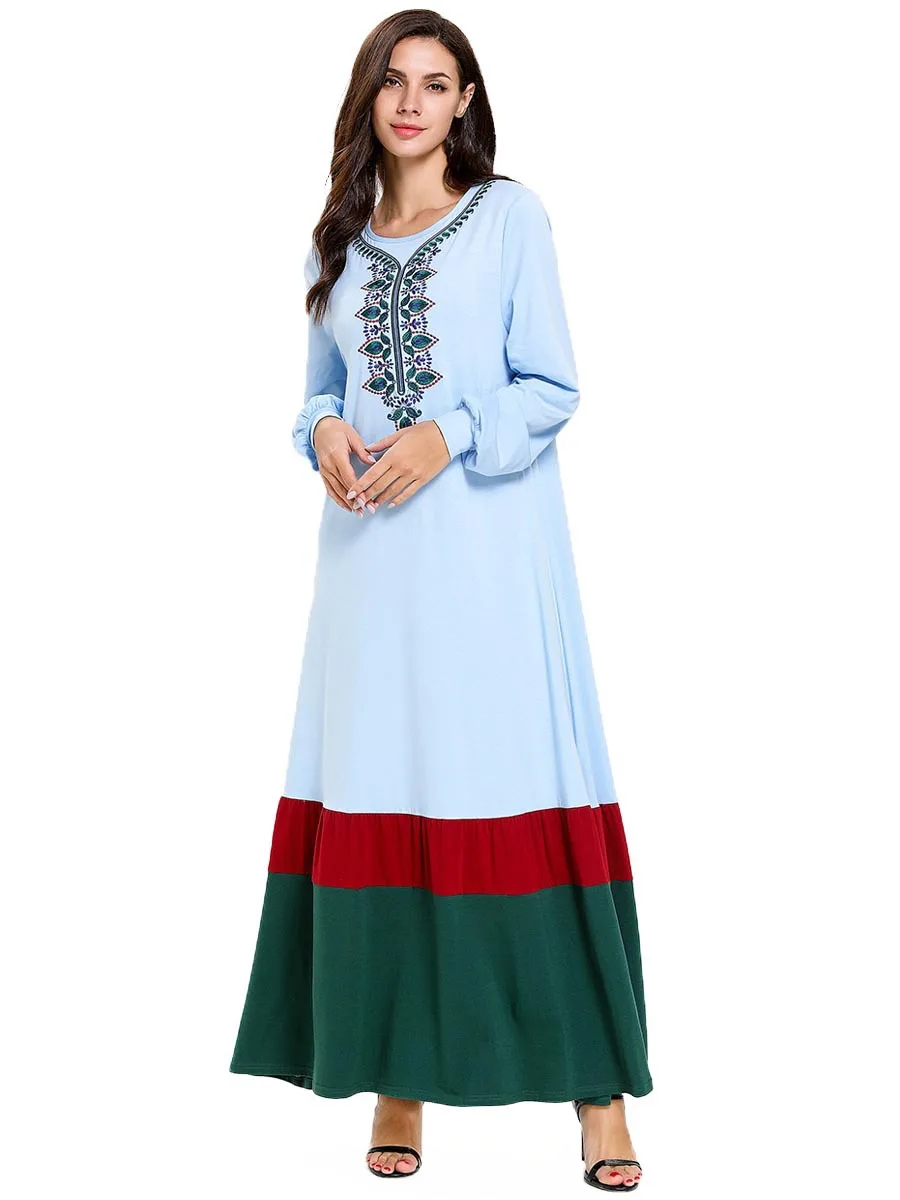 Женская одежда Дубай вышивка с длинным рукавом Пэчворк светильник-голубое