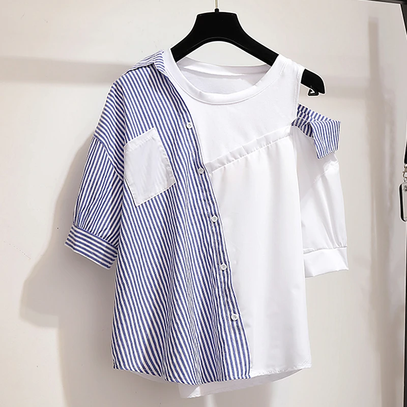 Trytree/летние женские Полосатые блузки Повседневная рубашка из полиэстера и хлопка