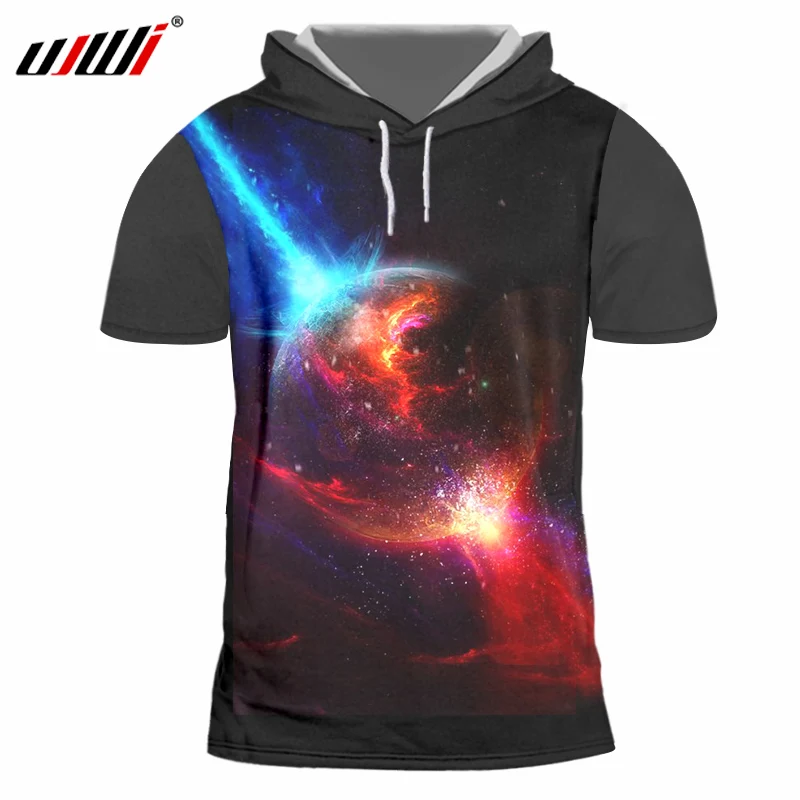 Мужские футболки с капюшоном UJWI Galaxy уличная одежда в стиле хип хоп Кепка коротким