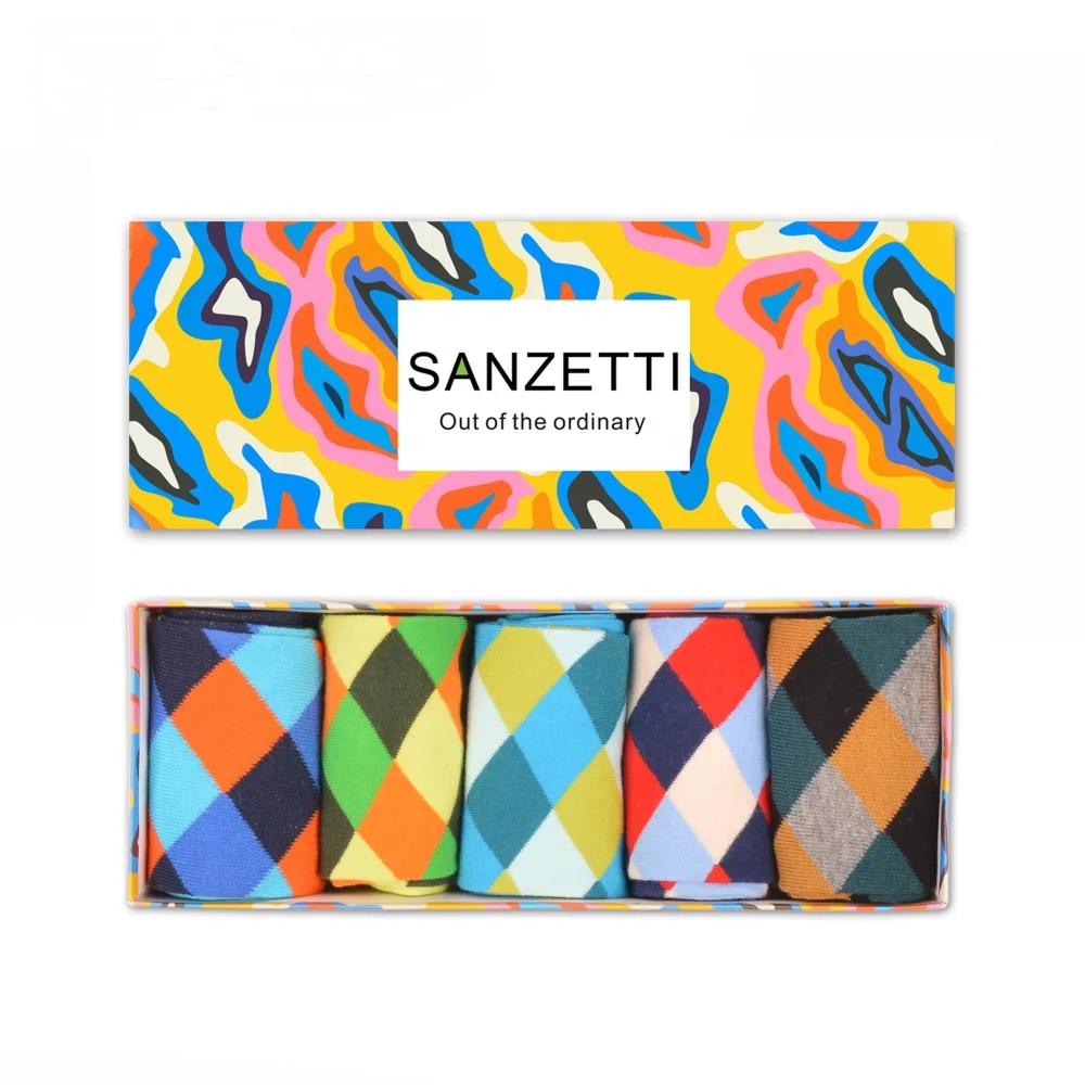 SANZETTI 5 пара/лот Подарочная коробка Забавный Для мужчин; хлопок экипажа бренд скейтборд носки красочные Новинка Платье Повседневное дизайнерские носки