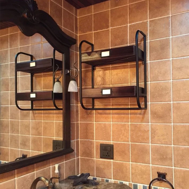 

Iron Bathroom Towel Rack Hanging Kitchen Shelf Antique Double Storage Rack Wood Bathroom Towel Stand