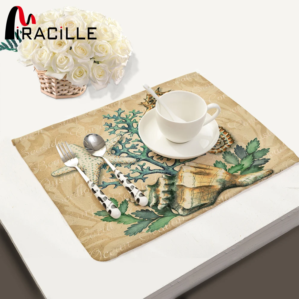 

Miracille 2Pcs 4Pcs 6Pcs/lot Marine Animal Sea Turtle Horse Fish Printed Linen Placemat Dinner Coaster Home Textile Table Decor