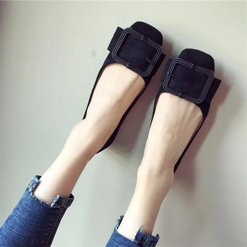 

Spring New Fashion Women Flat Shoes West velvet Casual Square Buckle Square Toe Boat Shoes For Office Ladies Shoe Large Size 44