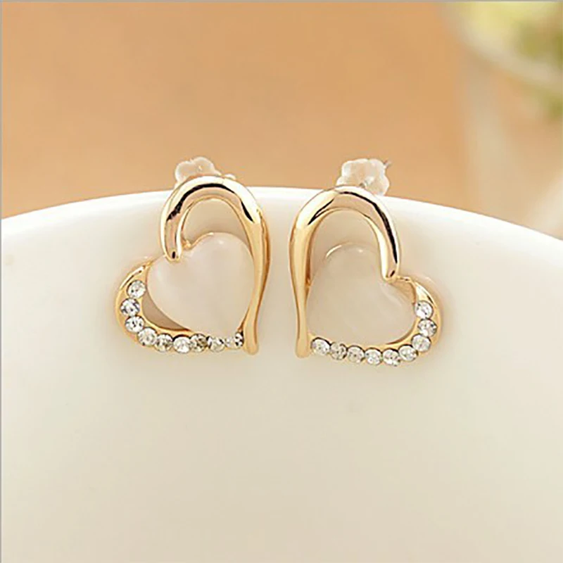 Женские серьги гвоздики в форме сердца с кристаллами и опалом|stud earrings|stud earrings for