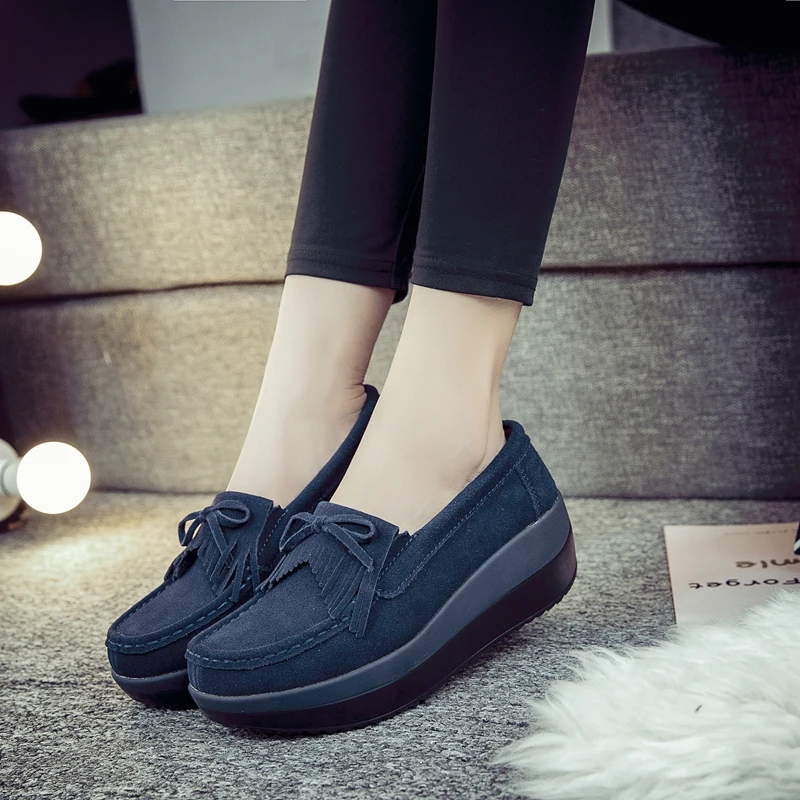 

New 2017 Cow Suede Winter Warm Flats Swing Wedges Chaussure Femme Woman Platform Shoes For Women Ladies Big Size Zapatos Mujer