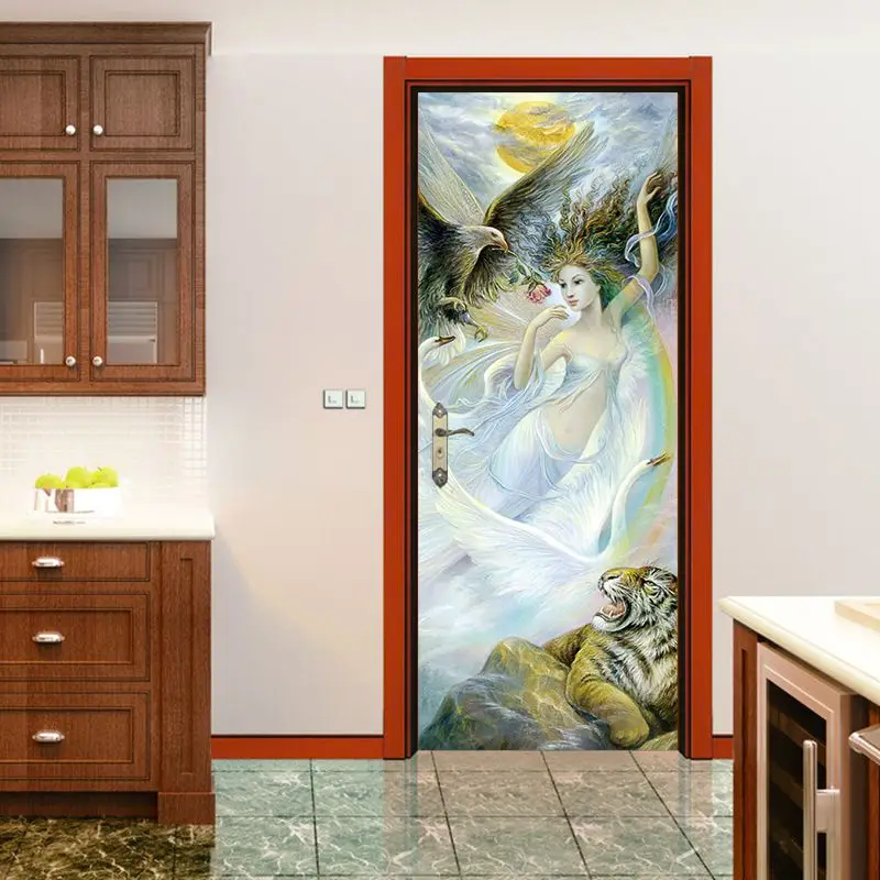 

2 Pcs /set 3D Vivid Fairy and Tiger Door Sticker Wall Sticker Mural Wallpaper Poster Waterproof Imitation Bedroom Home Decor