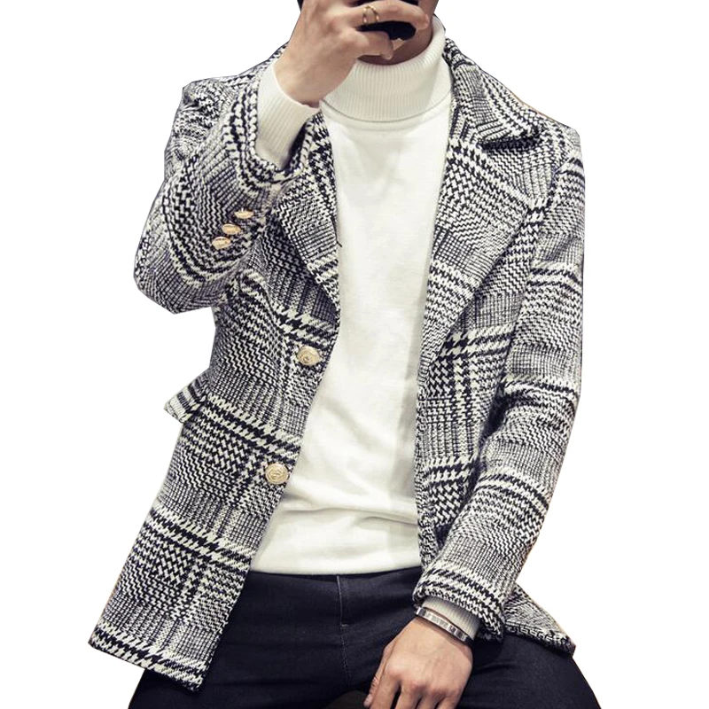 Korea Style Gird Plaid Woolen Trench Men Casual Slim Grid Wool Lengthen and Thicken Overcoat Size M-5XL | Мужская одежда