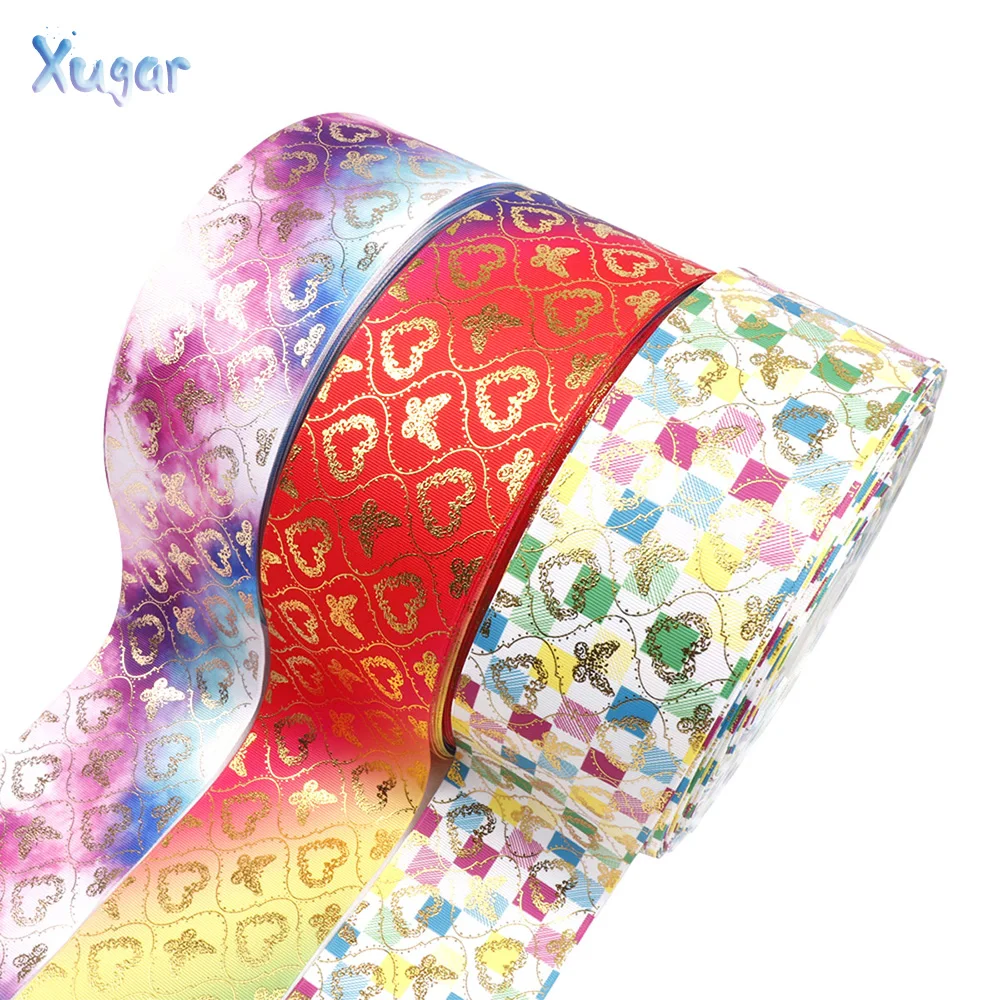 Xugar 75MM Bronzing Love Heart Ribbon Grosgrain Printed For Spring Bow Making Gifts Packing Wrapping Handmade Accessories | Дом и сад