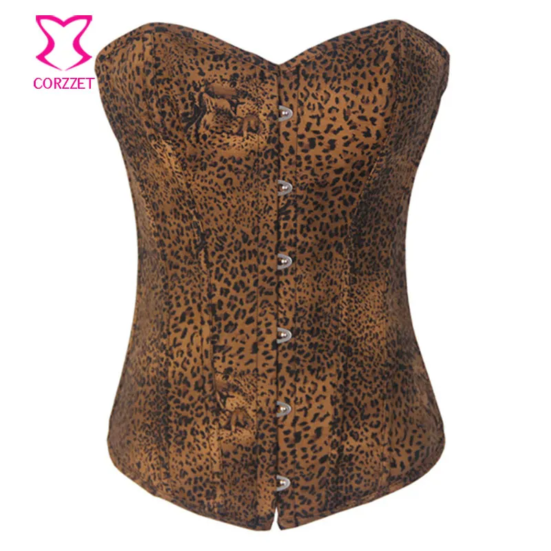 Brown Overbust Denim Corset Leopard Print Cowgirl Gothic Bustier Top Burlesque Corselet | Женская одежда