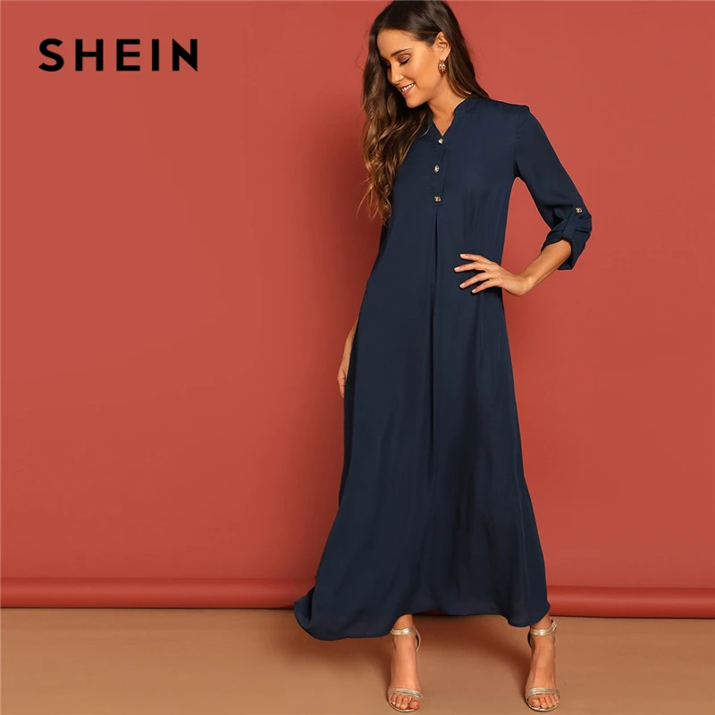 SHEIN Длинное Платье На Пуговицах С Оригинальным Рукавом, Элегантное Офисное Макси Платье С Длинным Рукавом