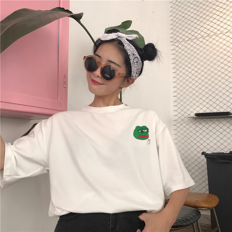 YouGeMan летняя футболка для женщин Одежда корейский Ulzzang Harajuku принт пародия лягушка короткий рукав футболки Женская забавная футболка