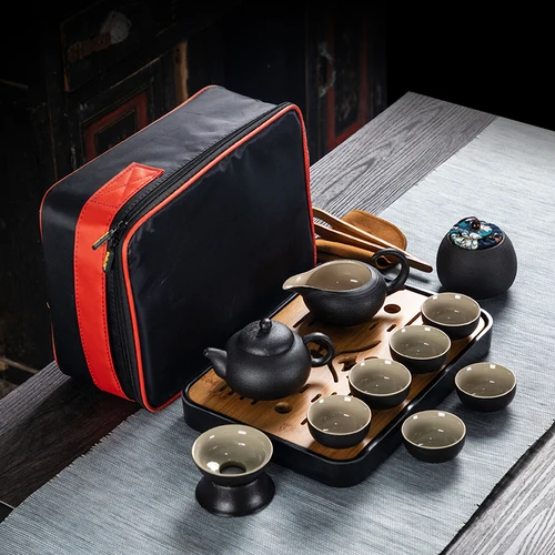 Chinese Style Ceramics Black Kung Fu Tea Set Suit One Teapot and Six Cups Carrying Case Travel Tea Set - Цвет: D