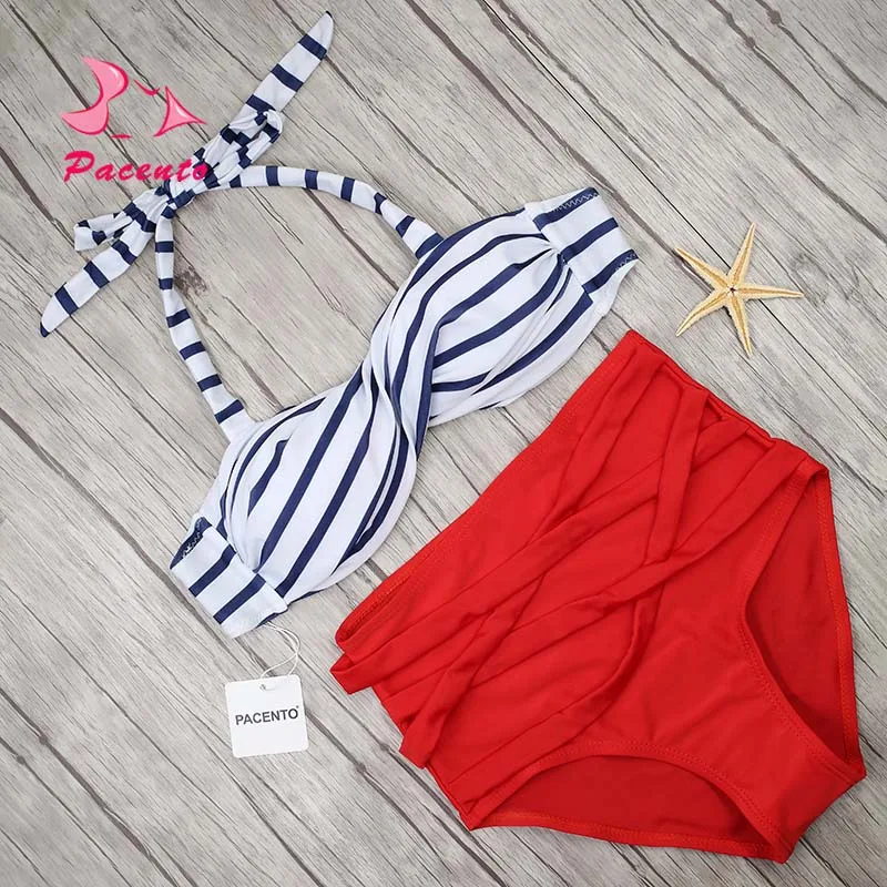Pacento Полосатое одноцветное бикини женский красный купальник с высокой талией