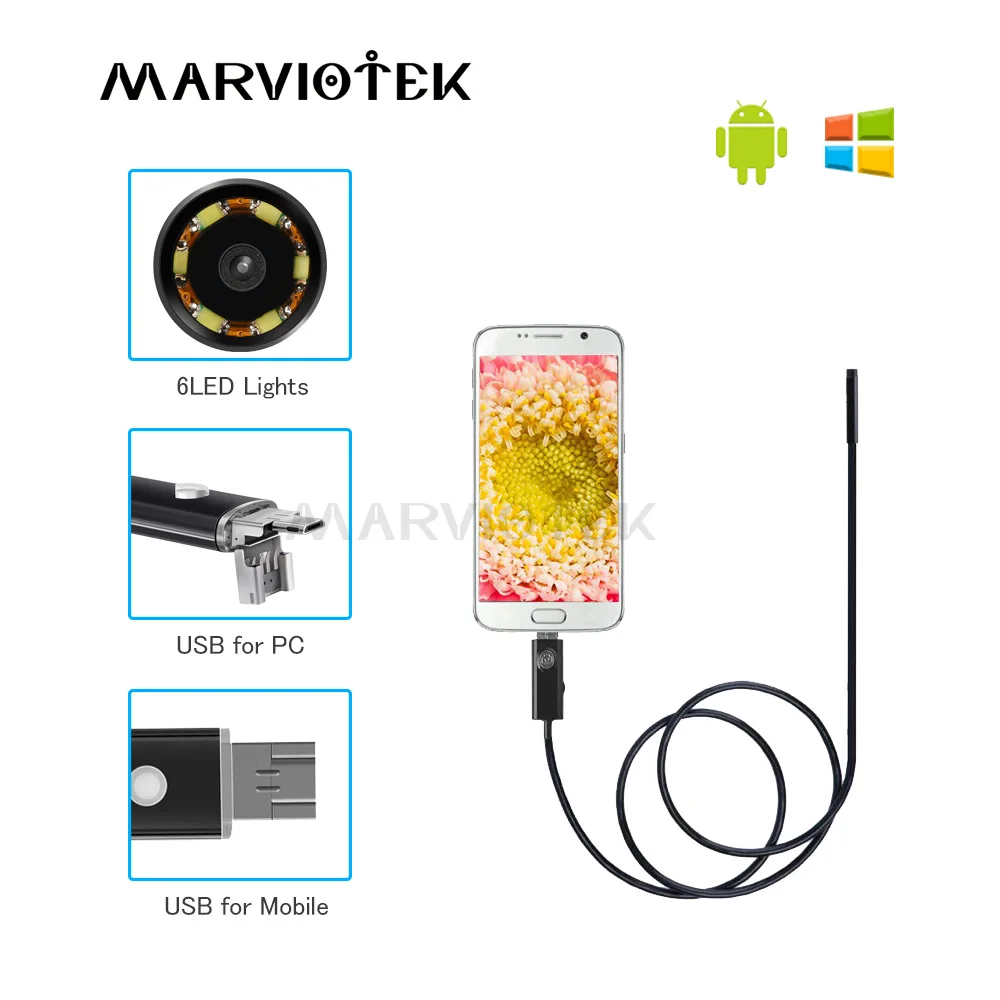 2 в 1 Android эндоскоп камера HD 5 мм м 10 водонепроницаемый мягкий гибкий провод USB