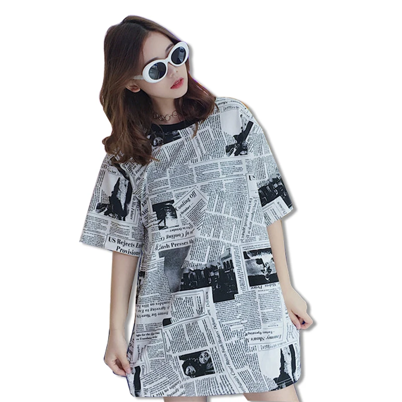 Ulzzang harajuku Свободные для женщин рубашка уютный газета печати camiseta mujer О образным