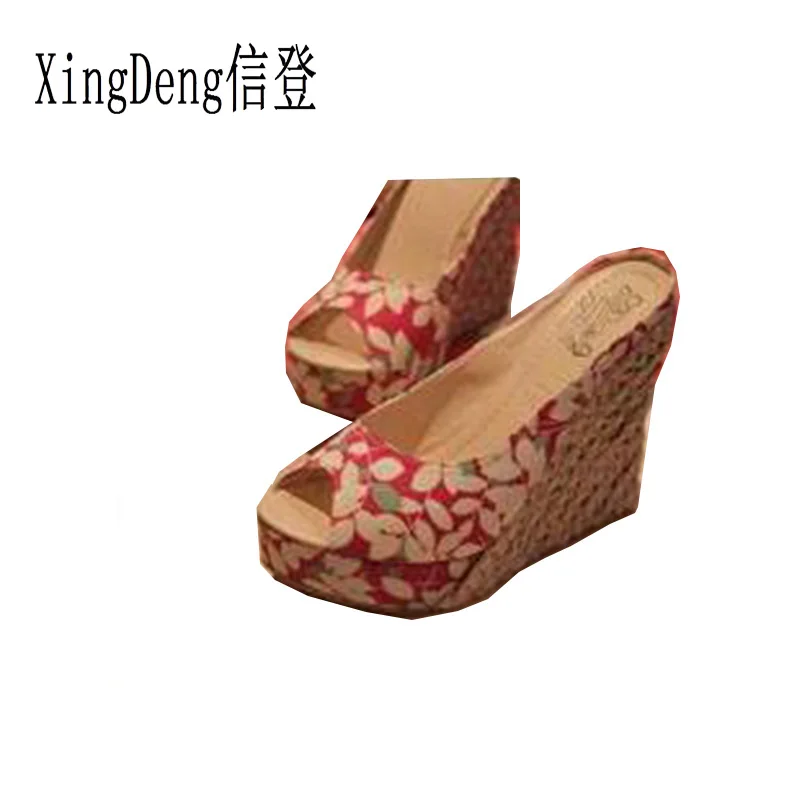 

XingDeng Women Bohemian Wedge Sandal Ladies Printed Flowers Peep Toe Sandals Slipper Shoes Plus Size 30-43