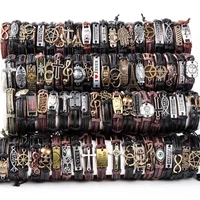 hoqiaga 100pcs leather bracelets men women genuine vintage punk rock retro couple handmade cuff wristband wholesale lots bulk