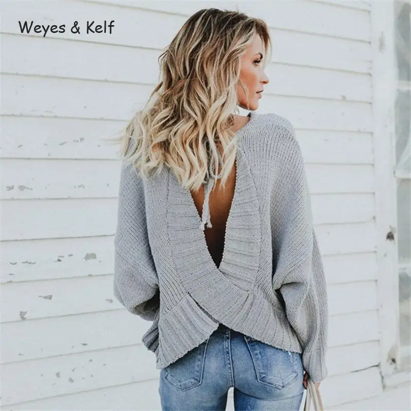 Weyes &amp Kelf Casual Lace Up Solid Women Sweaters And Pullovers 2020 Winter Knitted Loose Bat Sleeve Backless Sweater Female | Женская