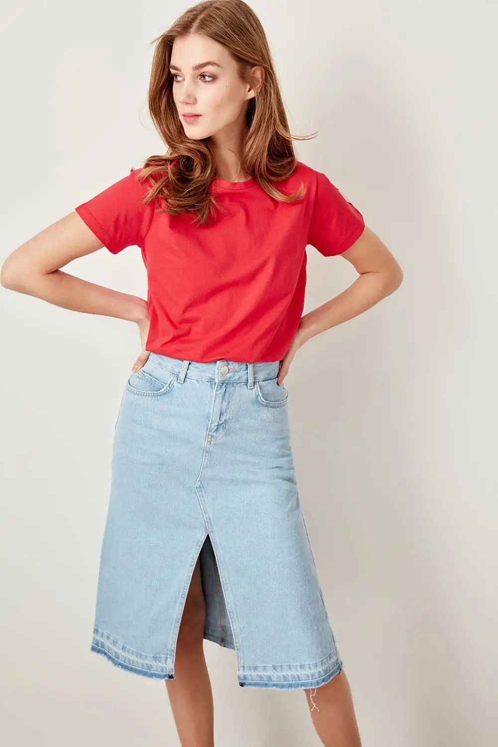 Trendyol мята граната печатных Базовые Трикотажные футболки TWOSS19VG0094|Футболки| |