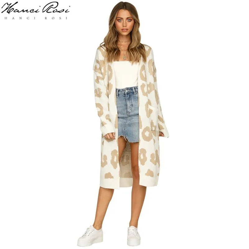 HANCI ROSI Леопардовый осенний женский кардиган Mujer Invierno 2019 свитер для женщин длинный