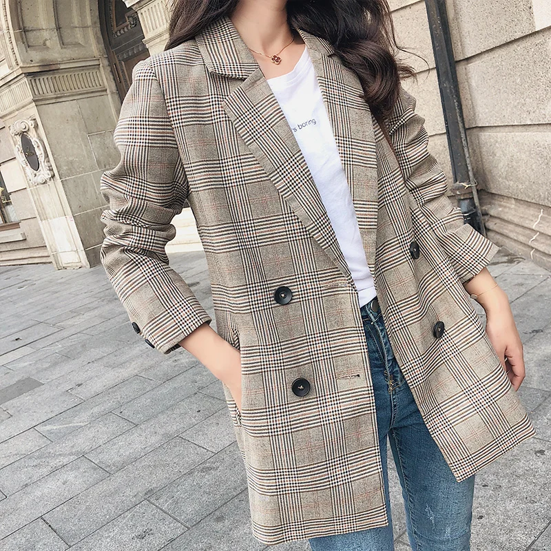 

2019 Style Fashion Autumn Winter Style Double Breast Women Sexy Slim Plaid Jackets Short Coat Grey OL Suit Ladies Casual Outwear