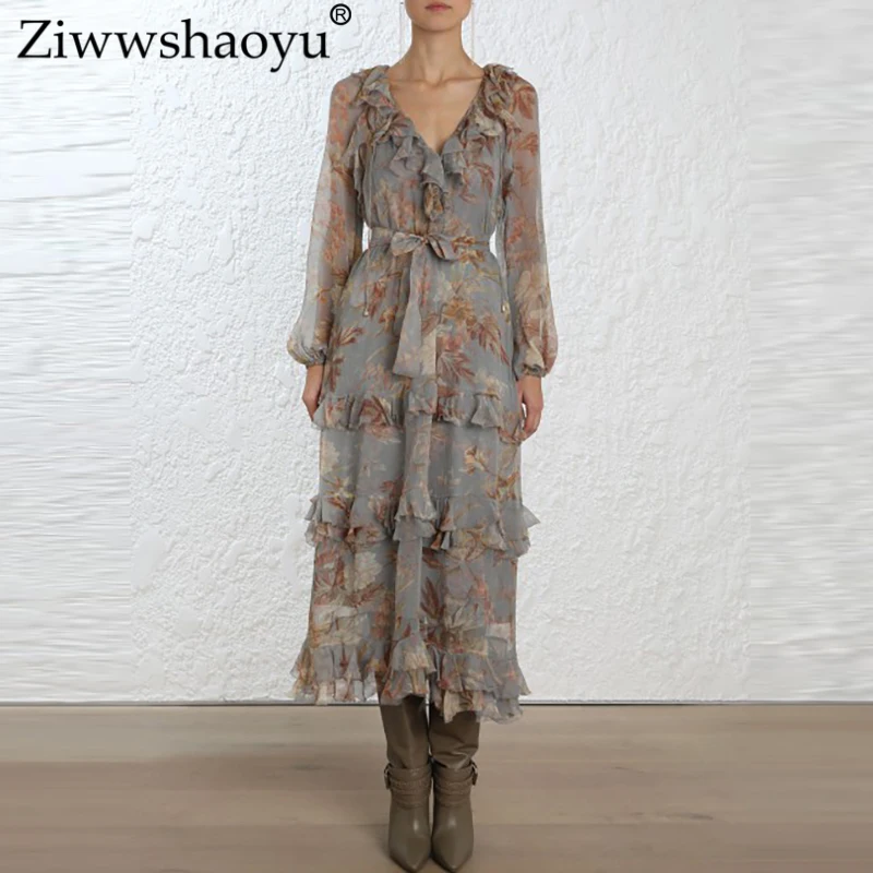 Ziwwshaoyu пляжное платье с принтом для отпуска, многослойное платье с v-образным вырезом и оборками, новинка, весна и лето, для женщин