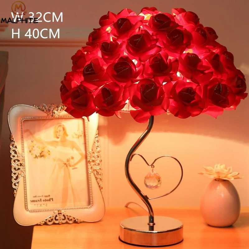 

Modern Roses flower lampshade table lamp marriage bedroom bedside Crystal desk lamp creative wedding decor lighting fixtures