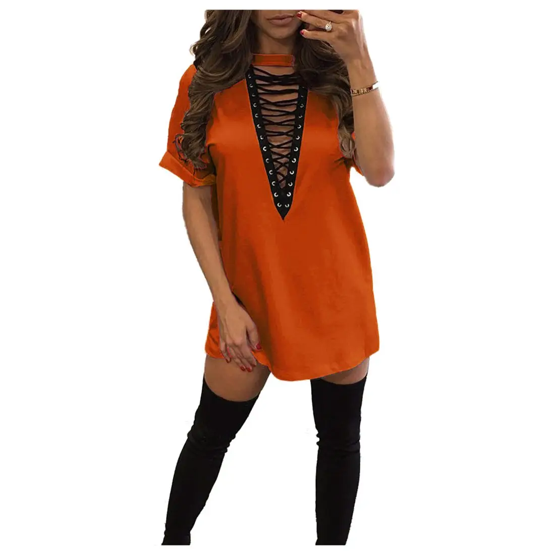 L Женское летнее платье, Дамское сексуальное платье с глубоким v-образным вырезом на шнуровке, открытая мини-футболка, Повседневное платье с коротким рукавом, Бандажное платье - Цвет: L