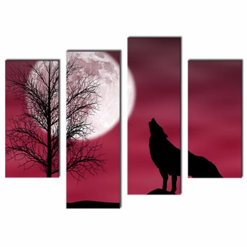

4 Panel Wall Art Howling Wolf in Dark Moon Painting Pictures Print On Canvas Animal Picture For Home Decoration