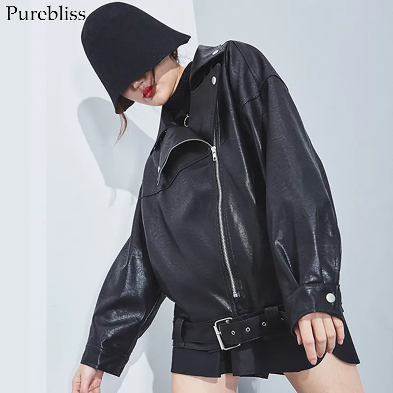 Purebliss 2017 на осень-зиму огромный парень pu кожаная куртка женская strtwear | Женская
