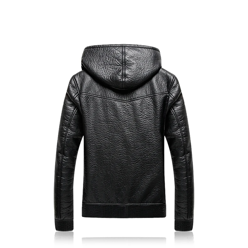 Мужская кожаная куртка с капюшоном LONMMY 5XL Черная мужская плюшевая подкладка