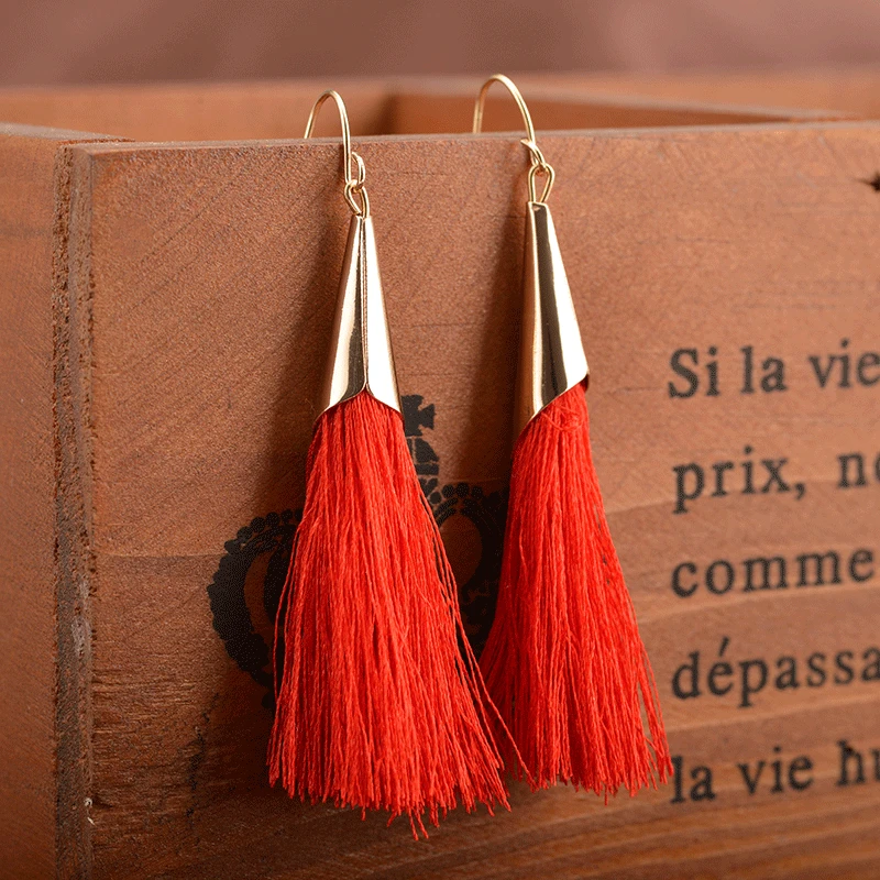 Женские сережки с кисточками Boho черные желтые синие длинные висячие серьги из