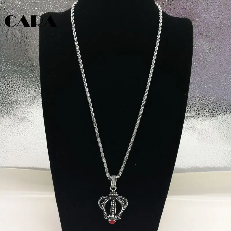 

2020 New arrival Vintage silver color Red stone Crown pendant necklace 316L stainless steel crown necklace fashion CARA0500