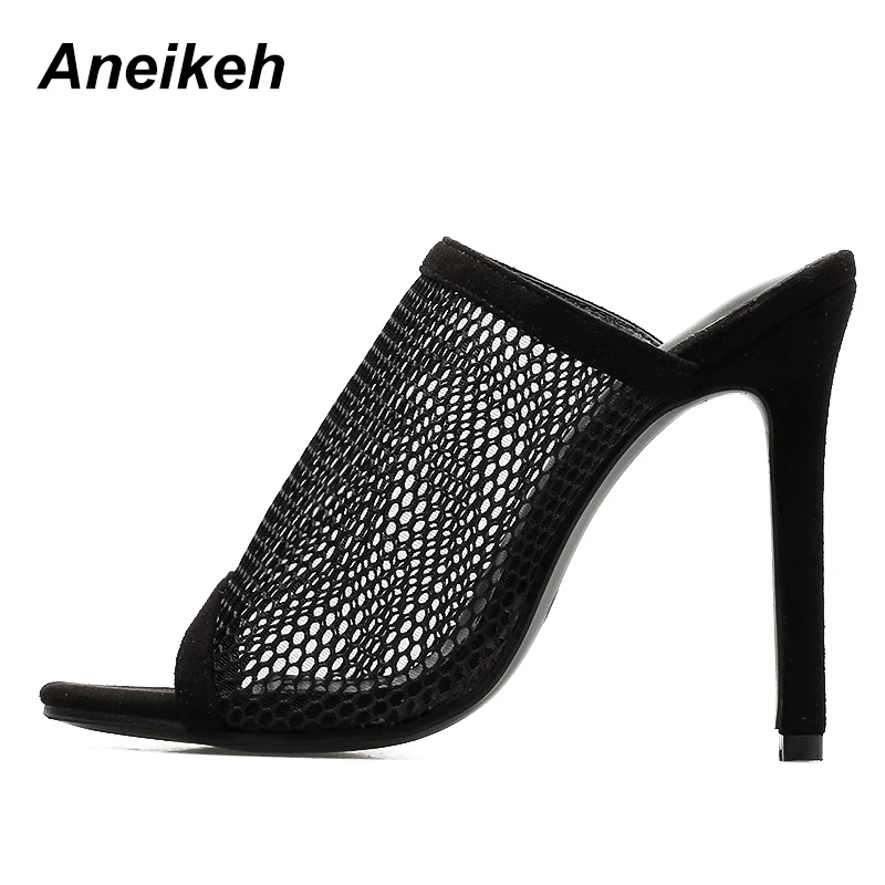 Aneikeh/Летние Босоножки с открытым носком; женские шлепанцы без задника; сетчатые туфли на высоком каблуке с вырезами; повседневные Клубные ботинки черного цвета