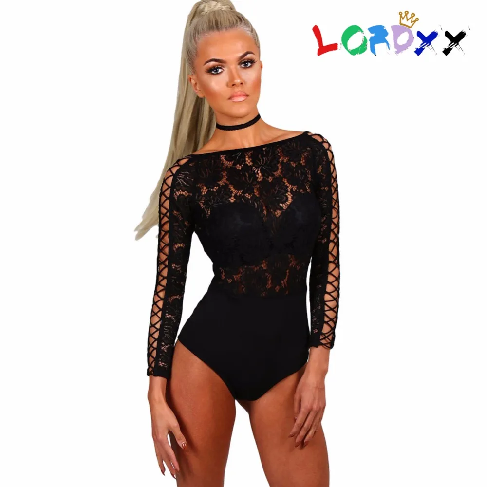 LORDXX 2017 новые модные женские черные кружевные решетки с длинным рукавом боди