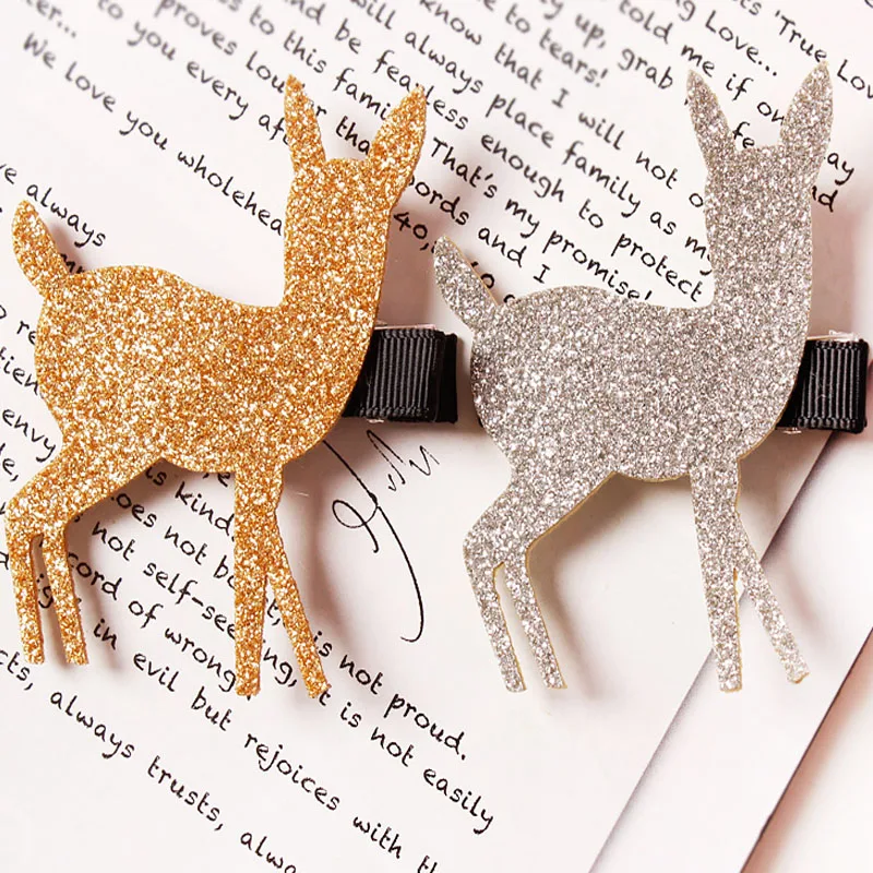 Lovely Reindeer Hairpins Glitter Felt ponies Gold Silver Hair clip barrettes Princess Headwear Fashion accessories for girl | Детская