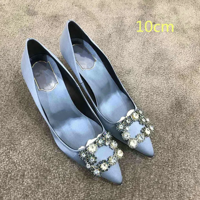 Smoky blue -10cm Г.,, женские атласные туфли-лодочки с острым носком, украшенные цветами и кристаллами, с пряжкой, женские вечерние туфли на высоком каблуке для свадьбы - Цвет: Smoky blue -10cm