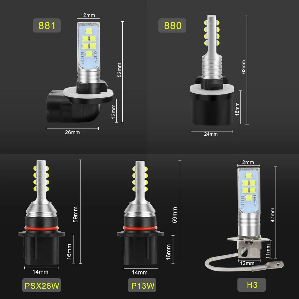 Светодиодная лампа H3 Led H27 880 881 P13W 2 шт. PSX26W H27W 1400LM 6000K белый противотуманный