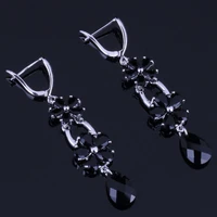 outstanding flower water drop black cubic zirconia silver plated drop dangle earrings v0811