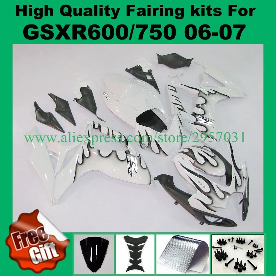 

9gifts Fairings for SUZUKI GSXR600 GSXR750 2006 2007 GSXR600 750 K6 K7 GSX-R600 GSX-R750 06 07 fairing kit white black flame