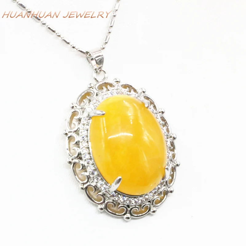 Stainless Steel Chain Pendant Necklace Women Zircon Inlay Natural Yellow Jades Stone Chalcedony Necklaces Pendants 28x35mm B3319 | Украшения