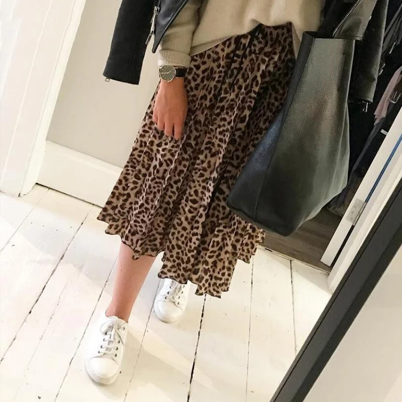 Vintage Leopard Print Pleated Skirts Women Punk Rock Korean Skirt Streetwear Drawstring Elastic Waist Ladies Midi | Женская одежда