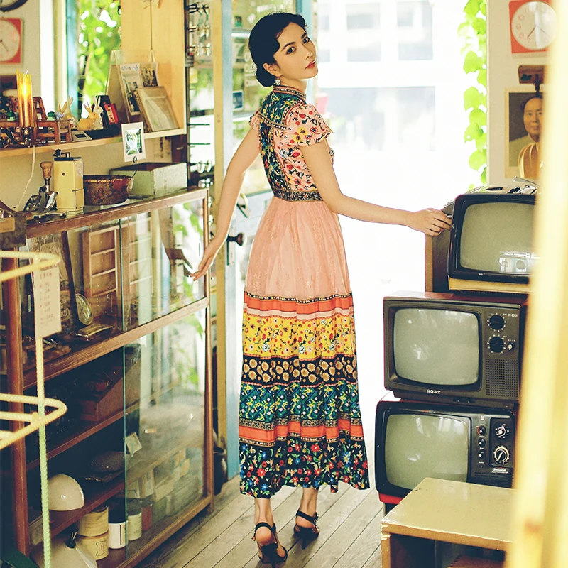 

high quality designer runway lace long dress 2019 summer women o-neck short sleeve print Printed casual dress dr112