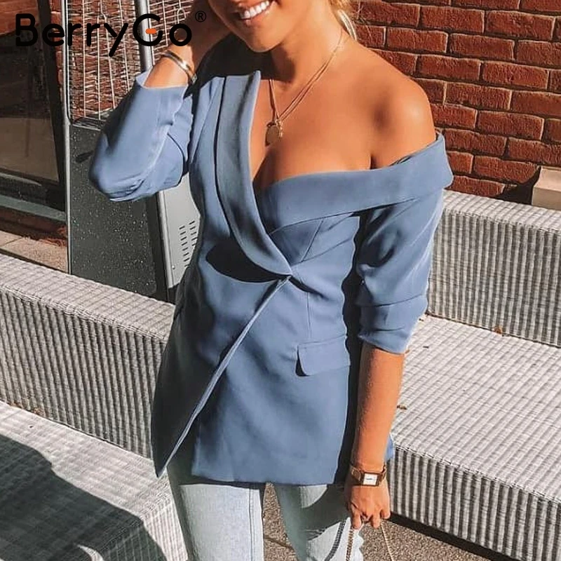 Blue Gray BerryGo элегантные, на одно плечо, офисные женские блейзеры, сексуальные асимметричные пуговицы, женские блейзеры для работы, повседневные осенние женские блейзеры, пальто - Цвет: Blue Gray