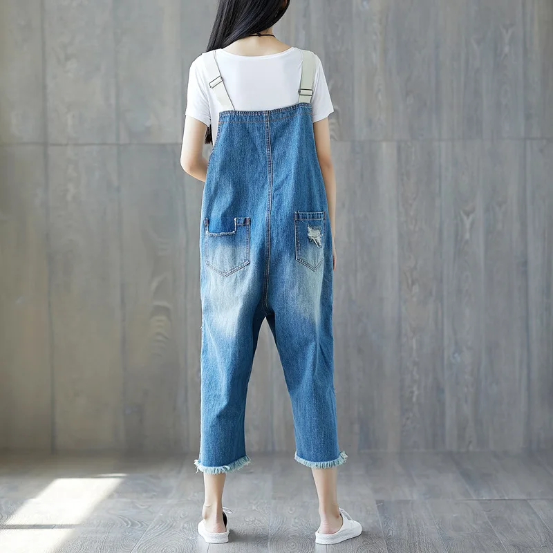 

Light Blue Fashion Simple Jeans Female Tassel Personality Wash Vintage Hole Nine Points Bid Jumpsuits