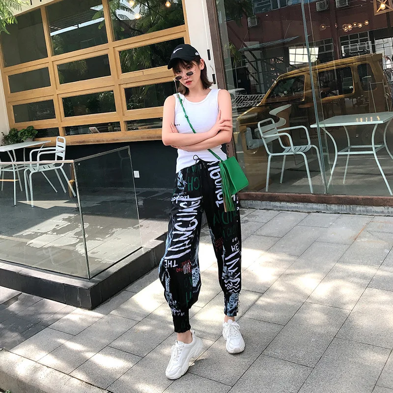 QING MO Women Letter Print High Waist Trousers Summer Fork Casual Loose 2019 ZQY942 |