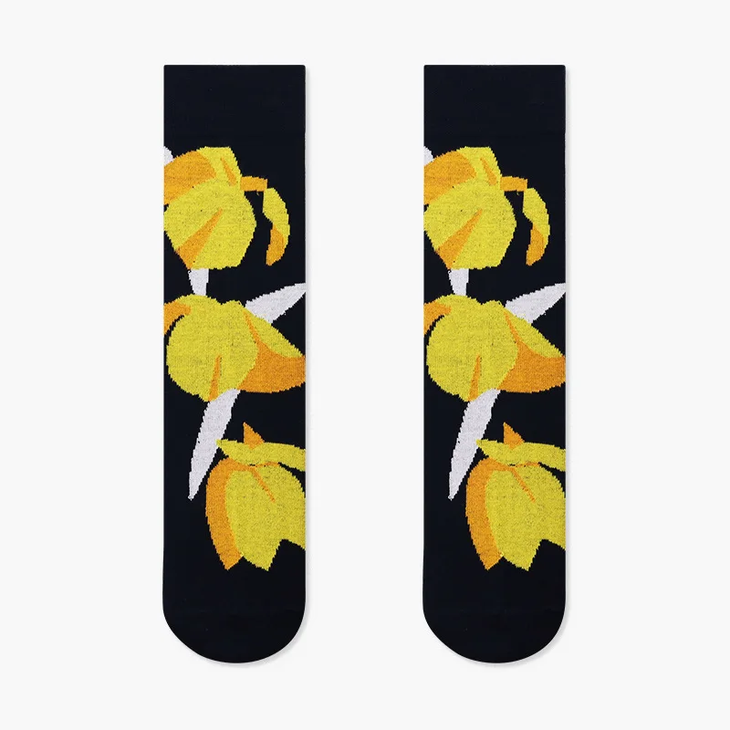 Yellow flower PEONFLY, 85% хлопок, мужские носки, зимние, Harajuku, цветные, забавные, с рисунком динозавра, суши, усы, носки для мужчин, рождественский подарок - Цвет: Yellow flower