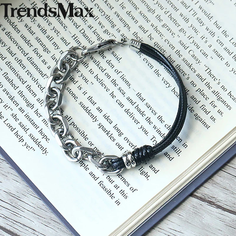 Кожаный браслет Trendsmax для мужчин и женщин из нержавеющей стали звеньевой цепи 2018
