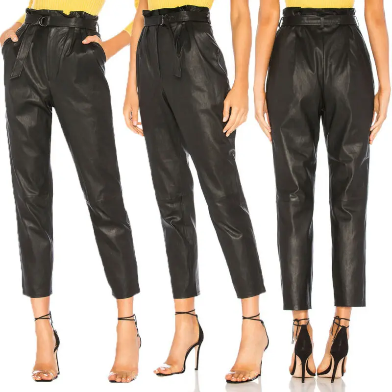 

2019 New Casual Women Lady Black Leather High Waist Jegging Stretch Pants With Pockets And Belt Trouser